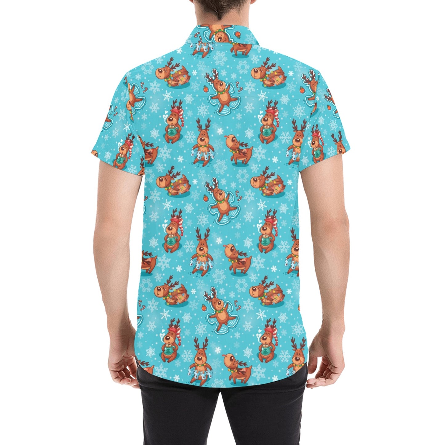 Reindeer Print Design LKS402 Men Short Sleeve Button Up Shirt