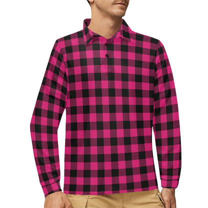 Pink Tartan Plaid Pattern Long Sleeve Polo Shirt For Men's