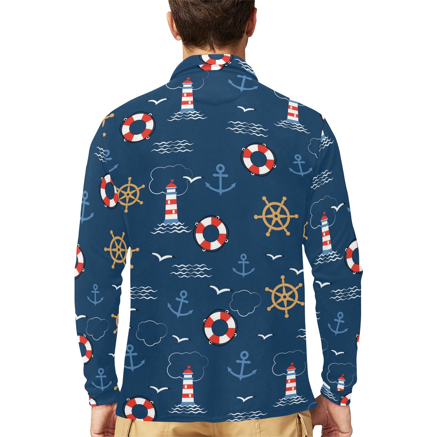 Nautical Pattern Print Design A06 Long Sleeve Polo Shirt For Men's