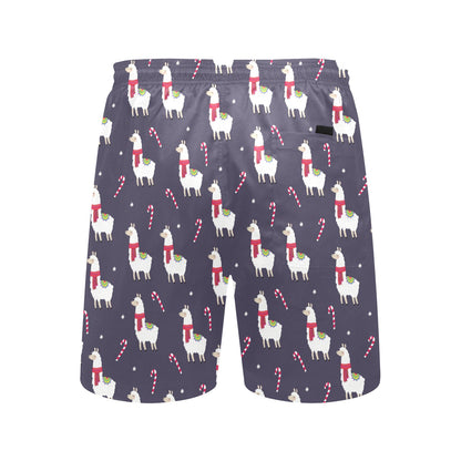 Llama with Candy Cane Themed Print Men's Swim Trunks Beach Shorts