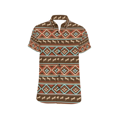 Western Horse Pattern Print LKS301 Men Short Sleeve Button Up Shirt