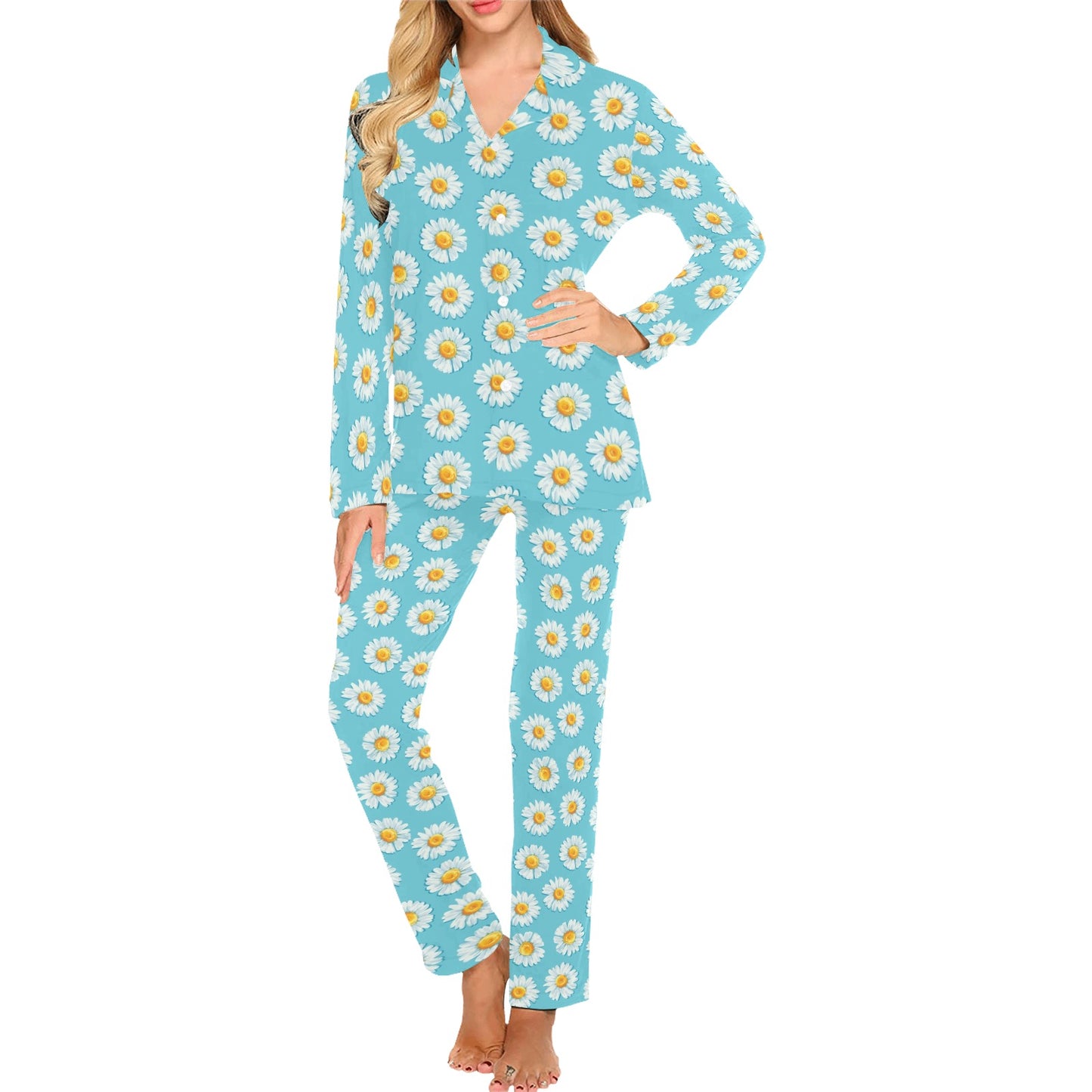 Daisy Pattern Print Design DS03 Women's Long Pajama Set
