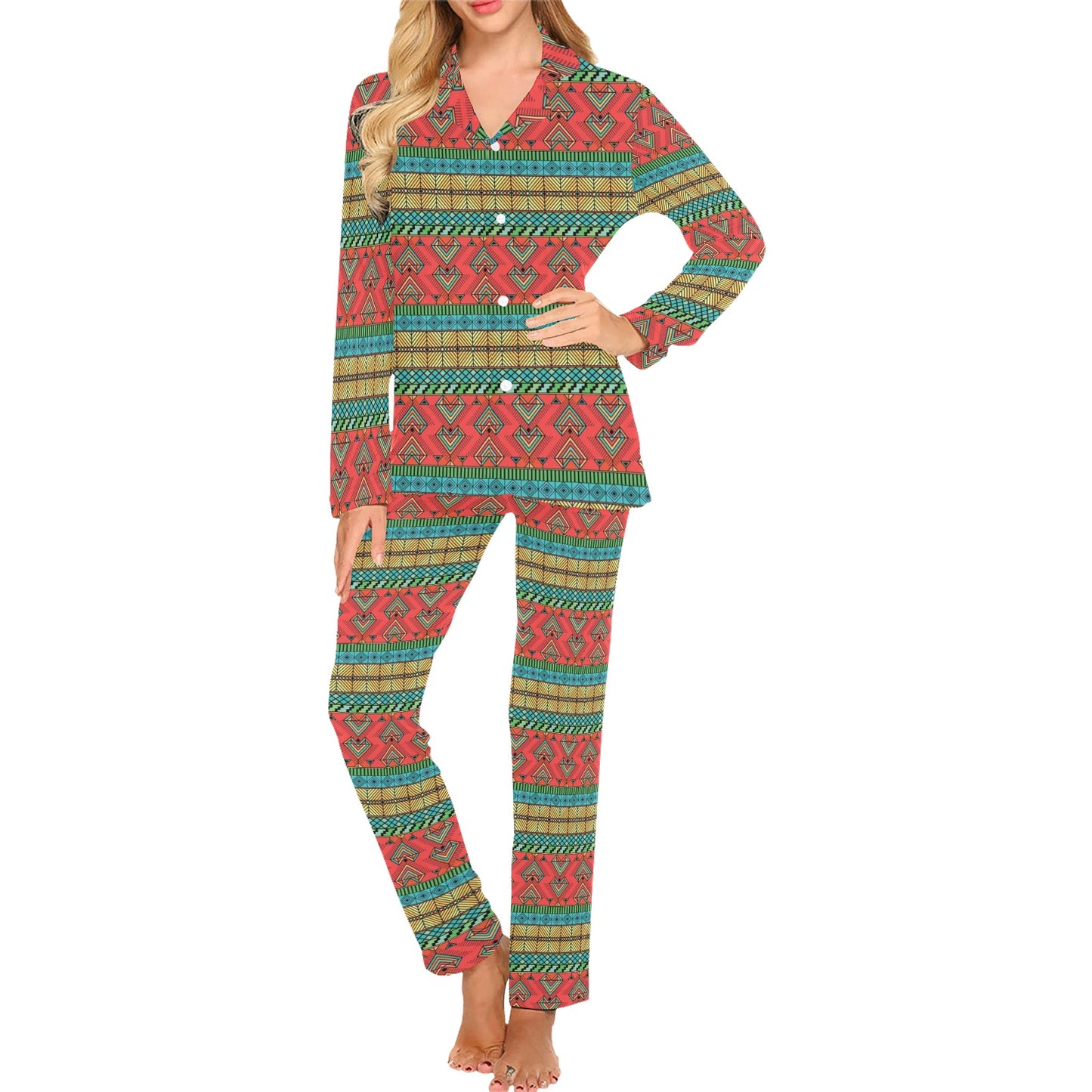African Colorful Zigzag Print Pattern Women's Long Pajama Set