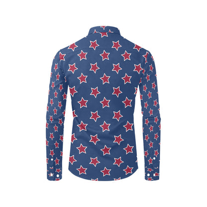 Star Red Blue Print Design LKS301 Men's Long Sleeve Dress Shirt