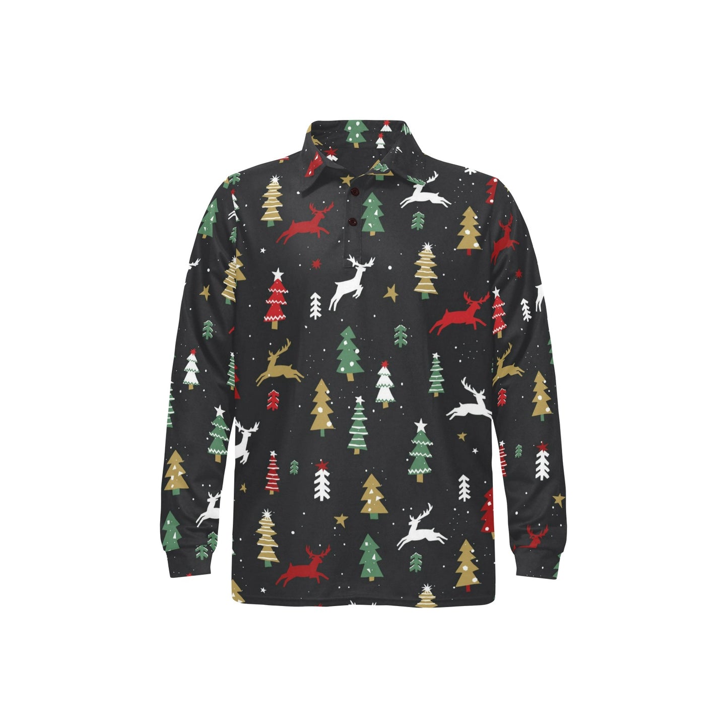 Christmas Tree Deer Style Pattern Print Design 03 Long Sleeve Polo Shirt For Men's