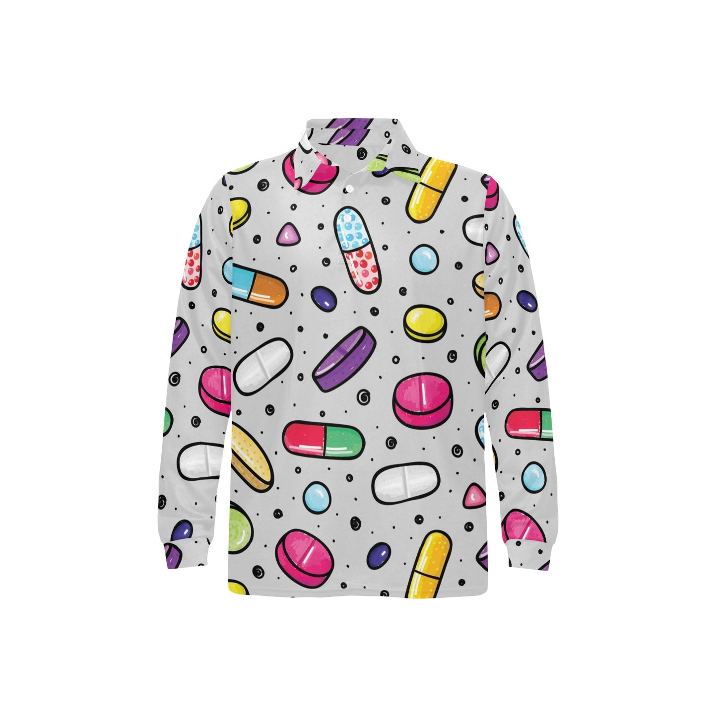 Pill Pattern Print Design A04 Long Sleeve Polo Shirt For Men's