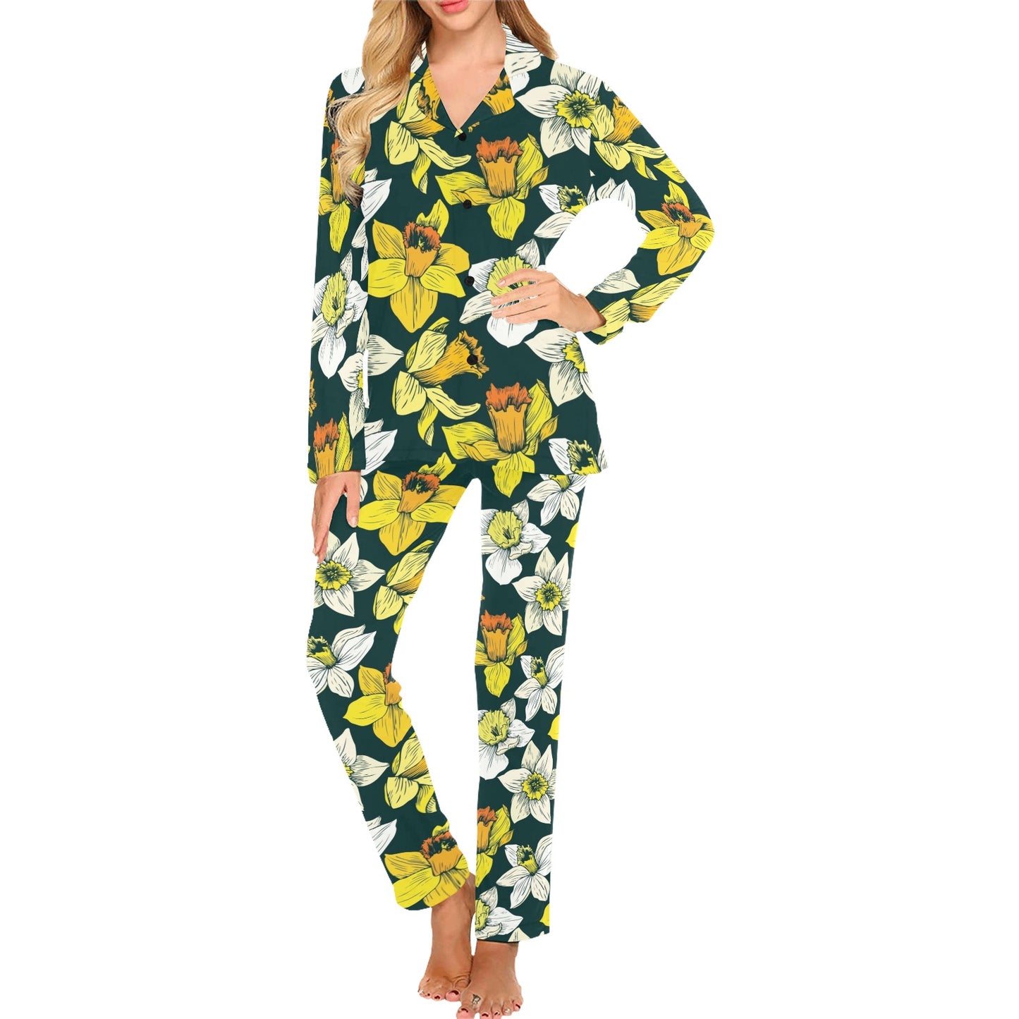 Daffodils Pattern Print Design DF02 Women's Long Pajama Set