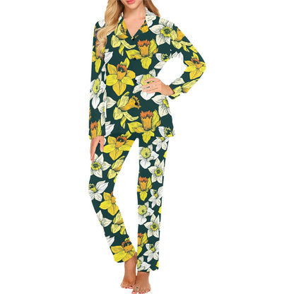 Daffodils Pattern Print Design DF02 Women's Long Pajama Set