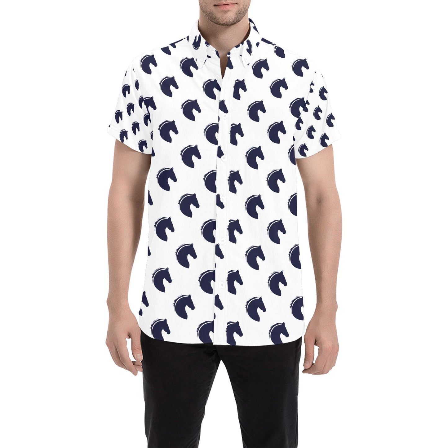Horse Head Print Design LKS303 Men Short Sleeve Button Up Shirt
