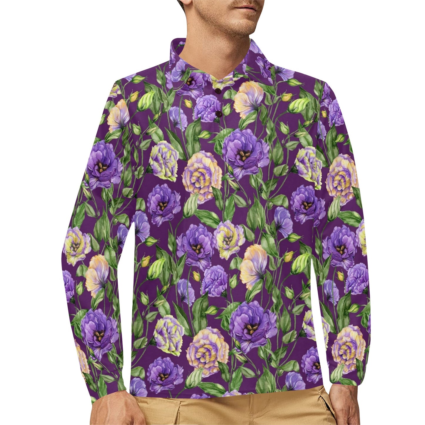 Lisianthus Pattern Print Design LT03 Long Sleeve Polo Shirt For Men's