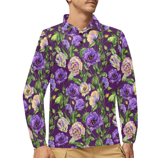 Lisianthus Pattern Print Design LT03 Long Sleeve Polo Shirt For Men's