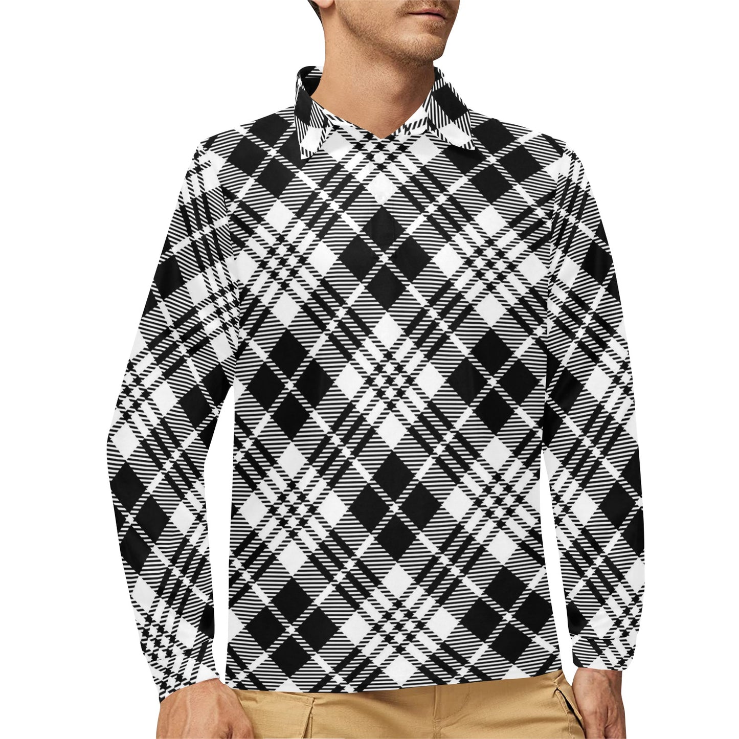 Plaid Black White Pattern Print Design A02 Long Sleeve Polo Shirt For Men's