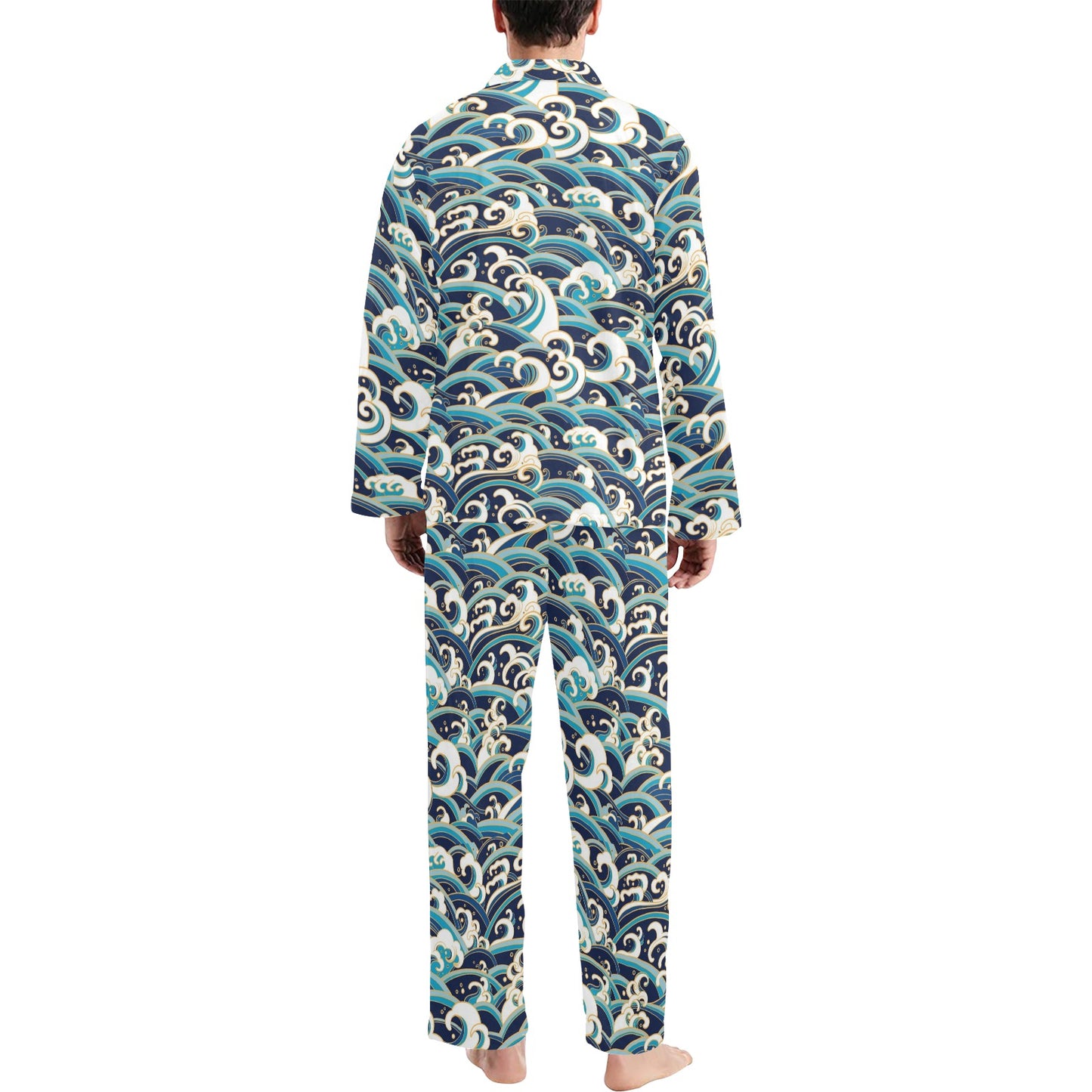 Surf Wave Pattern Men's Long Pajama Set