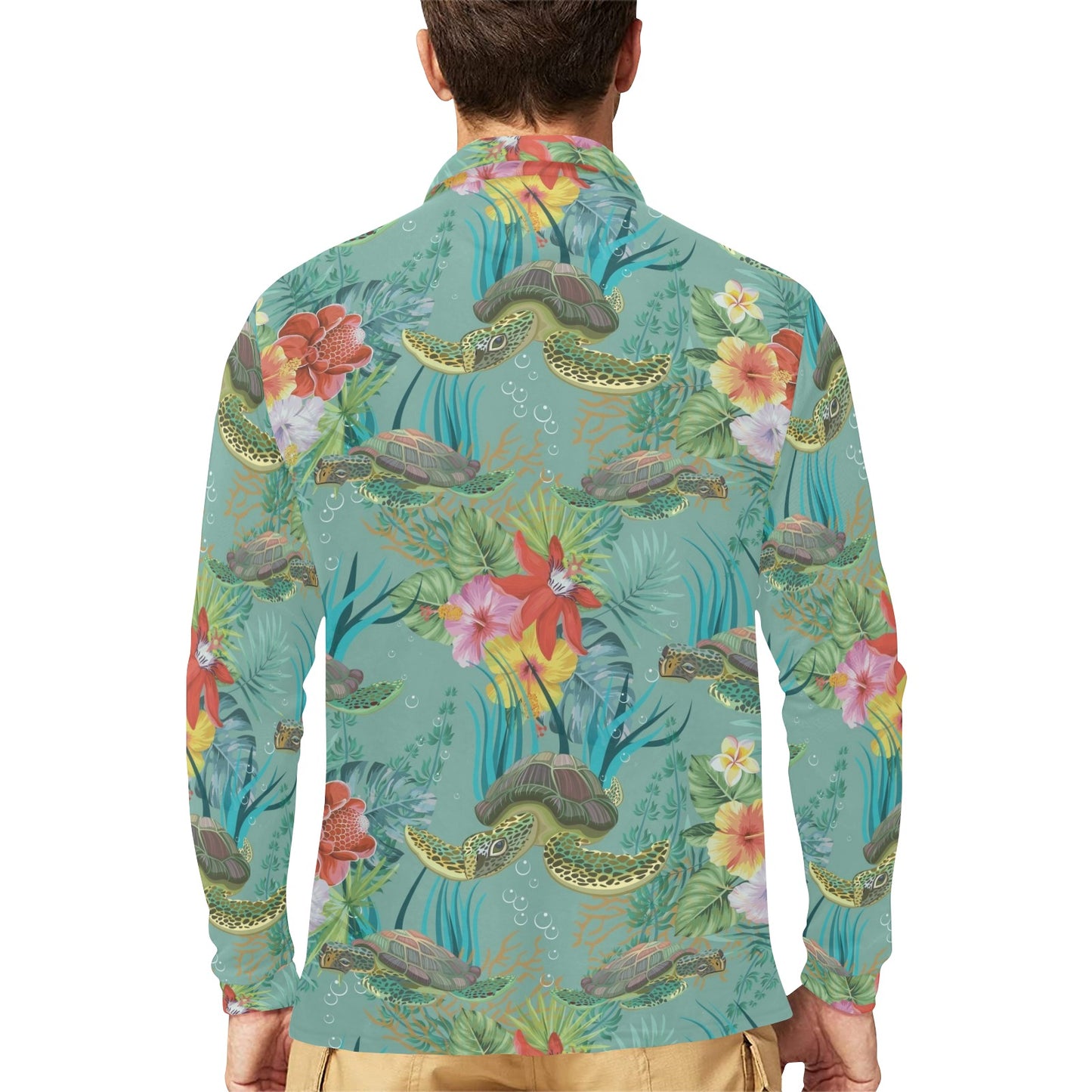 Sea Turtle Pattern Print Design T012 Long Sleeve Polo Shirt For Men's
