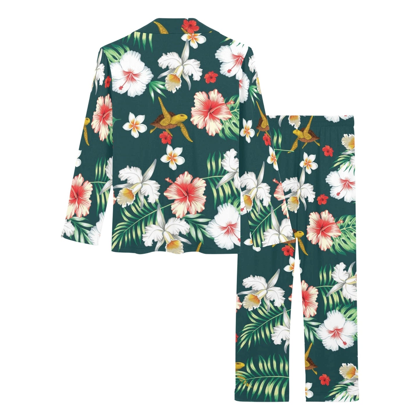 Hawaiian Flower Design with SeaTurtle Print Women's Long Pajama Set