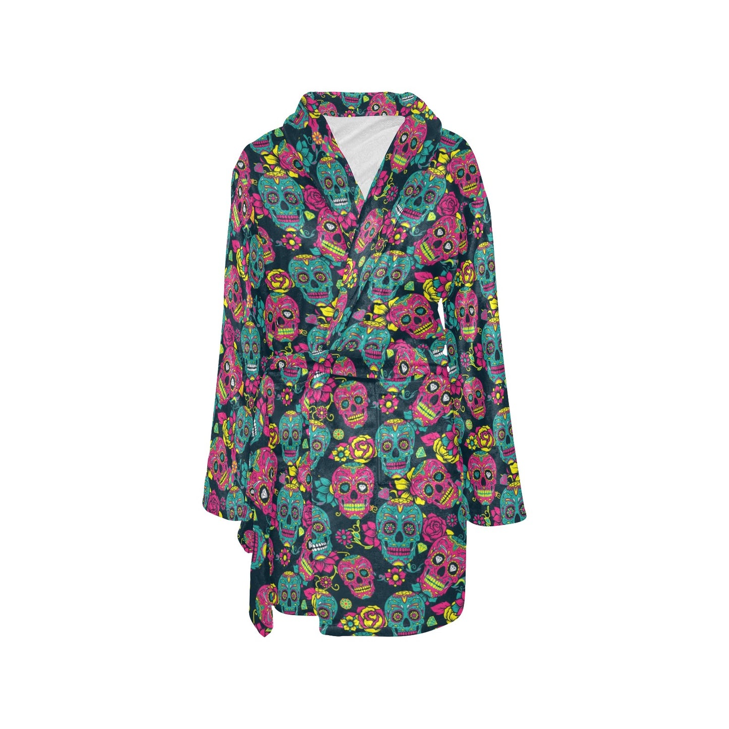 Sugar Skull Floral Design Themed Print Women's Fleece Robe