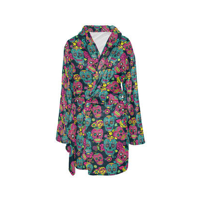 Sugar Skull Floral Design Themed Print Women's Fleece Robe