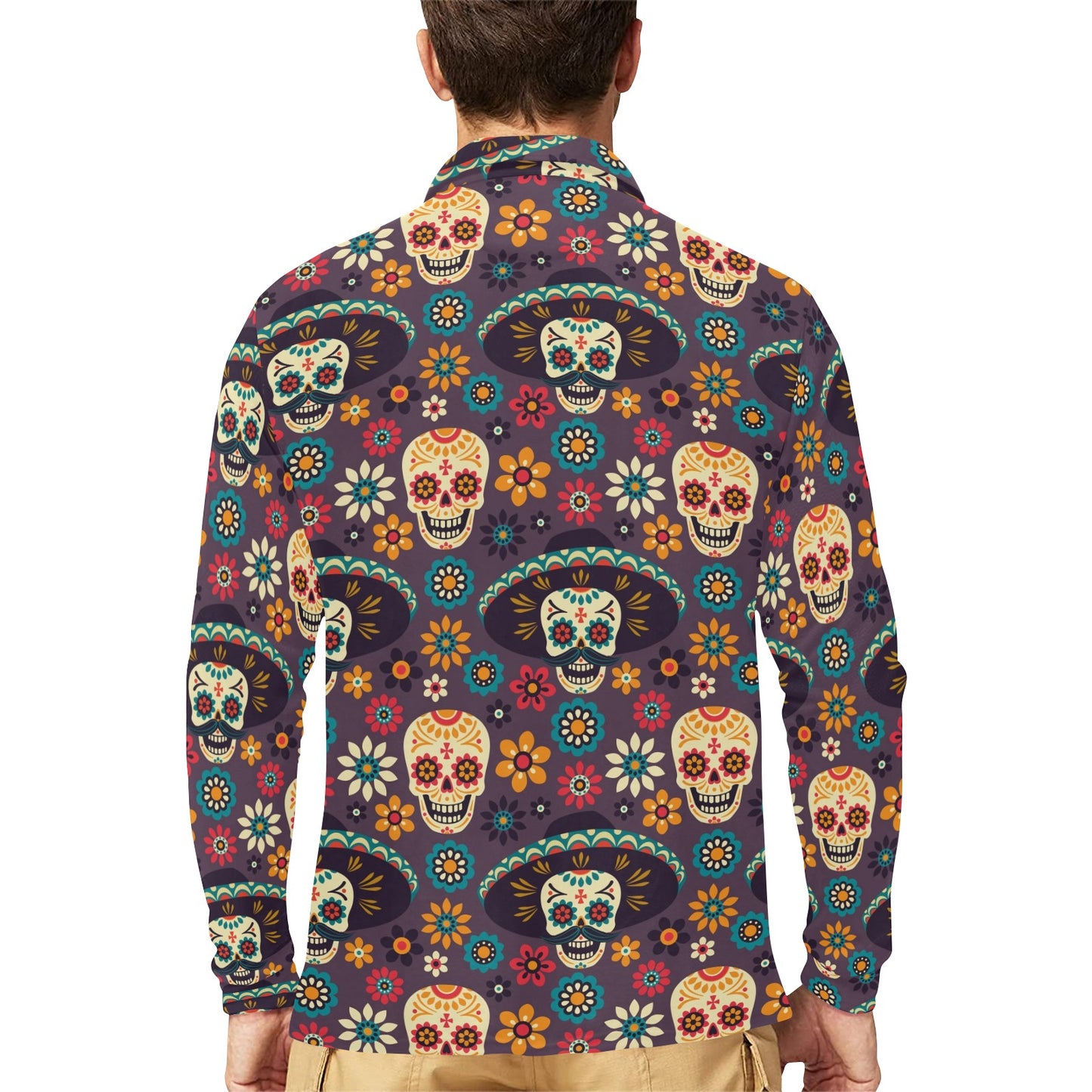 sugar skull Maxican Pattern Long Sleeve Polo Shirt For Men's