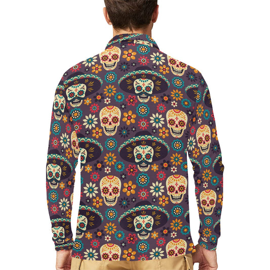 sugar skull Maxican Pattern Long Sleeve Polo Shirt For Men's