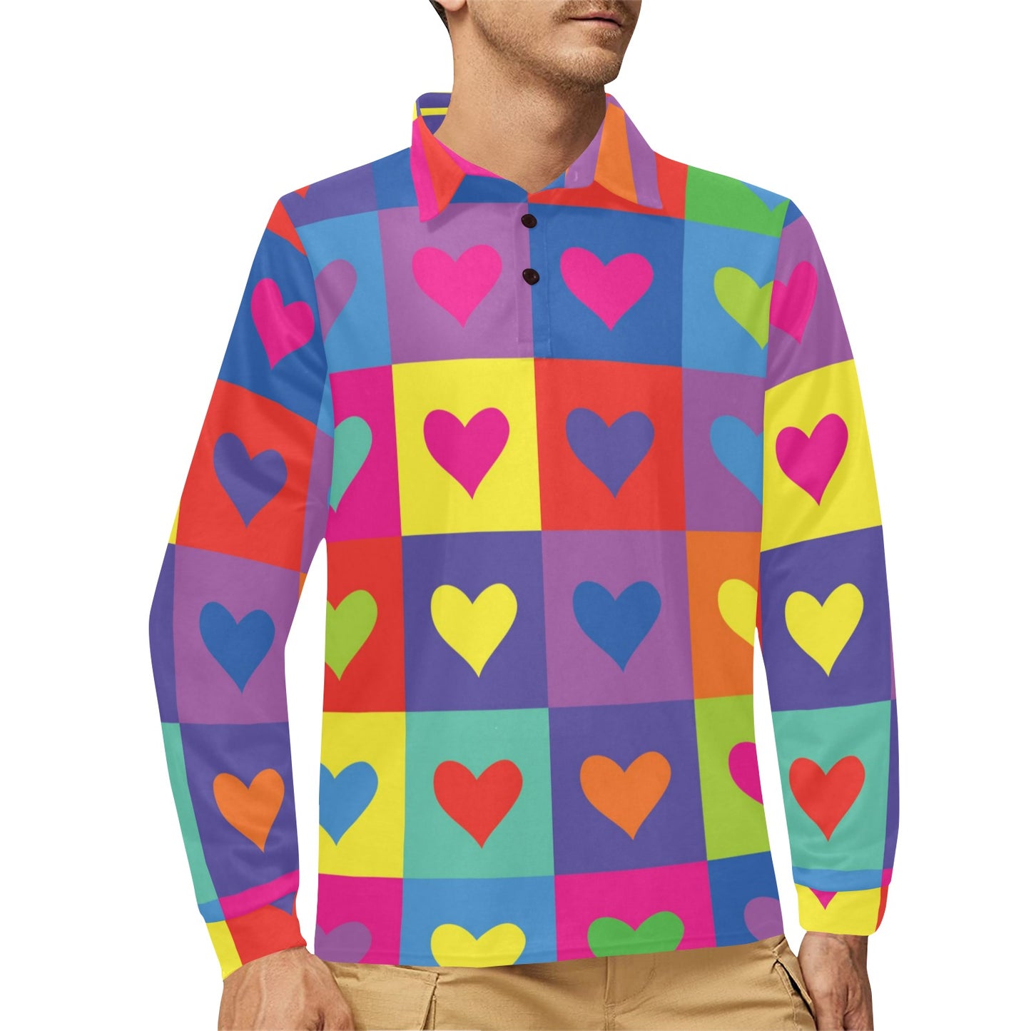 Pop Art Heart Pattern Print Design A01 Long Sleeve Polo Shirt For Men's