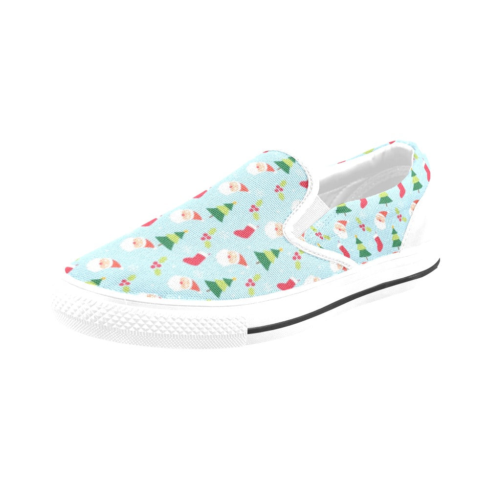 Santa Themed Print Design LKS301 White Slip Ons Canvas Women's Shoes