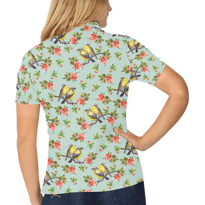 Bird with Red Flower Print Pattern Women's Polo Shirt