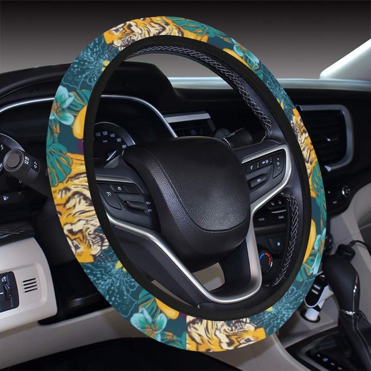 Tiger Tropical Print Design LKS301 Steering Wheel Cover with Elastic Edge