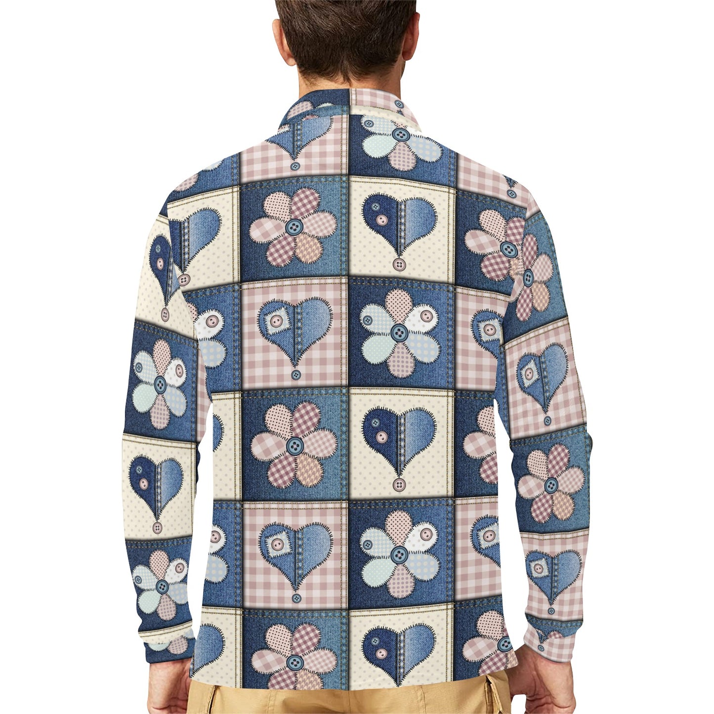 Patchwork Heart Flower Pattern Print Design 01 Long Sleeve Polo Shirt For Men's