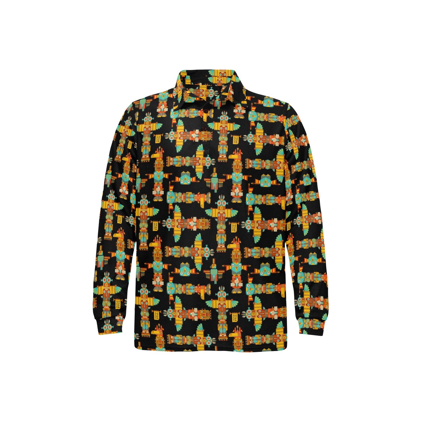 Totem Pole Cartoon Print Long Sleeve Polo Shirt For Men's