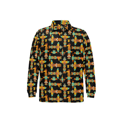 Totem Pole Cartoon Print Long Sleeve Polo Shirt For Men's