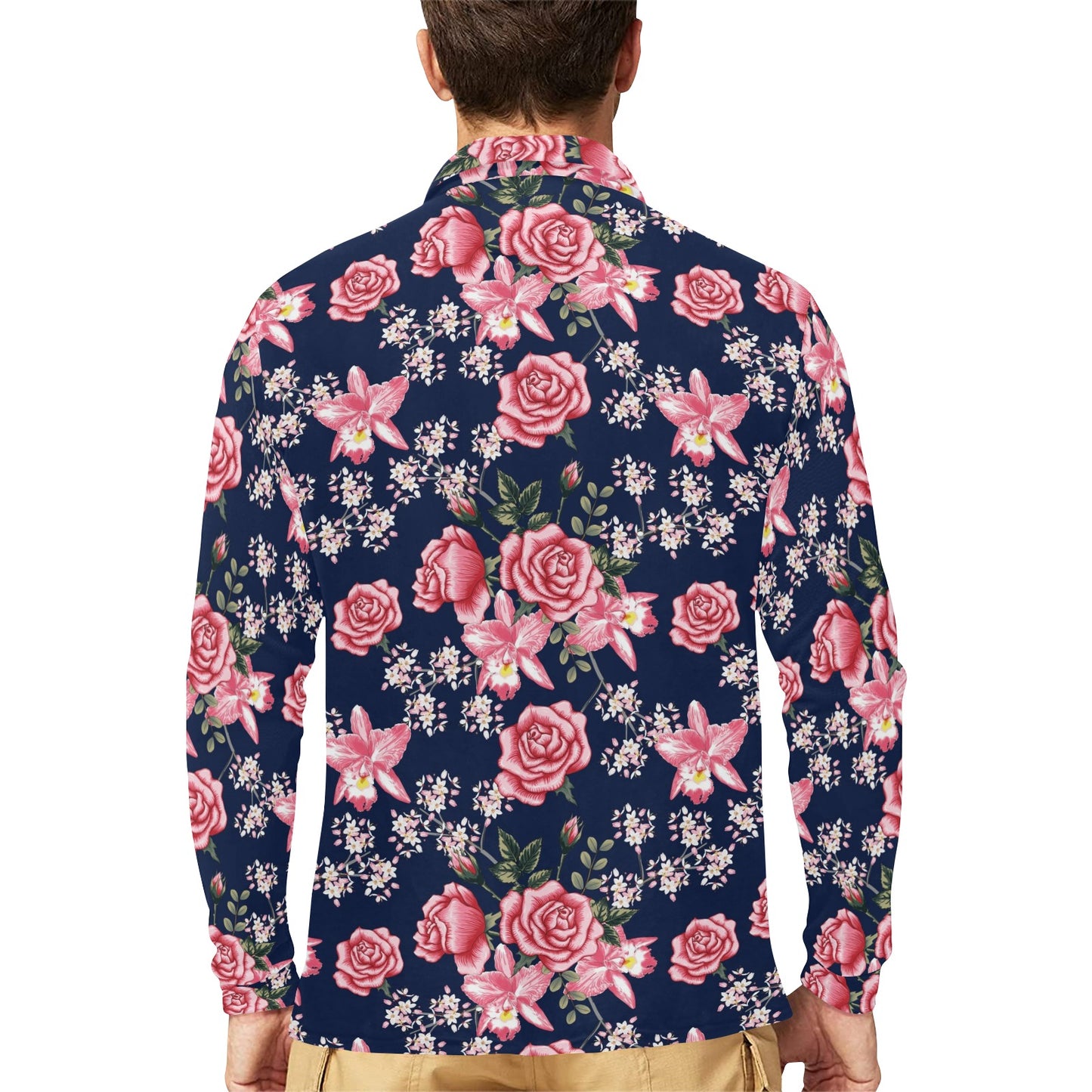 Rose Pattern Print Design A05 Long Sleeve Polo Shirt For Men's