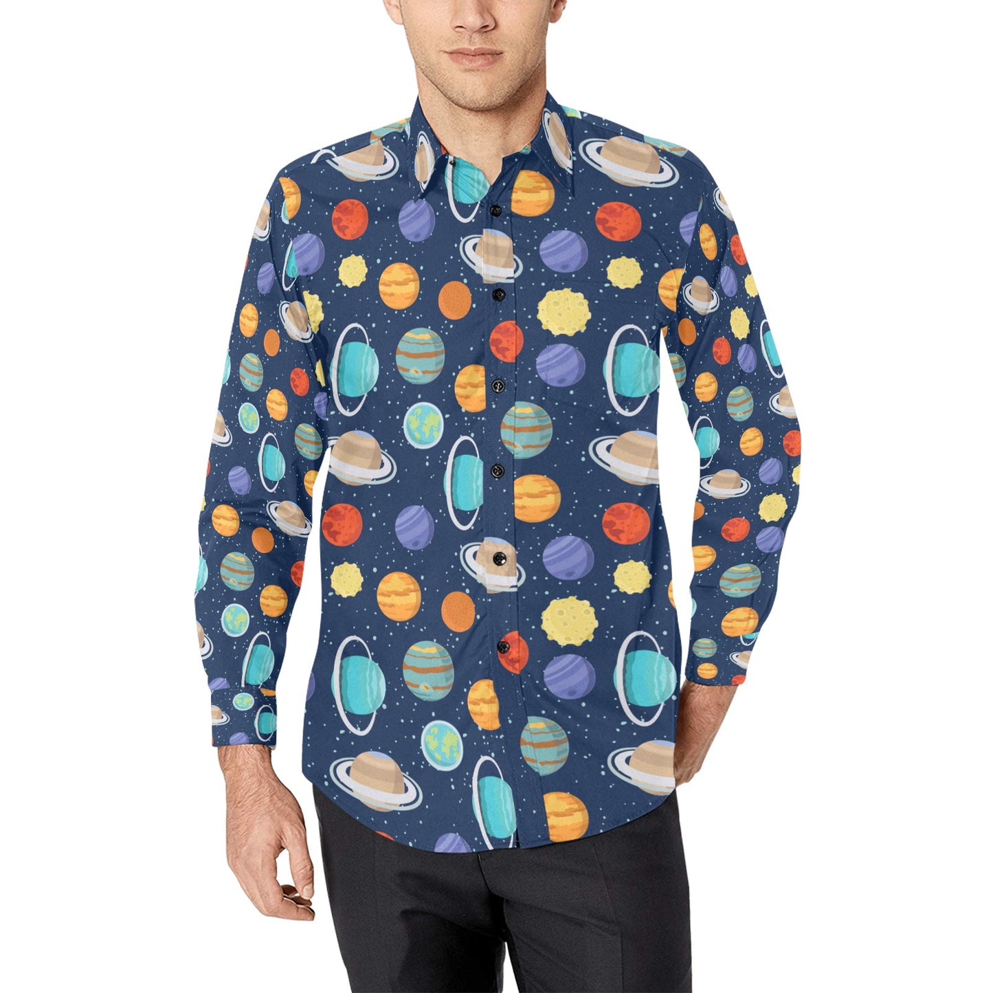 Planet With Star Print Design LKS303 Men's Long Sleeve Dress Shirt