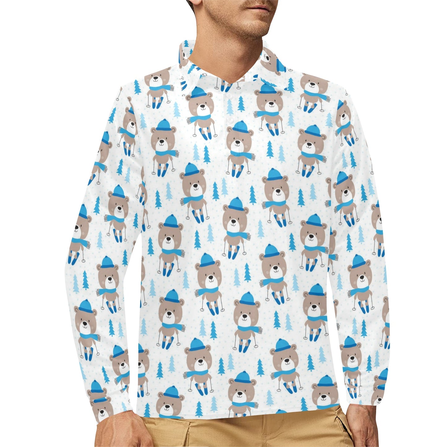 Ski Print Design LKS306 Long Sleeve Polo Shirt For Men's