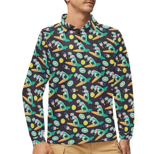 Surfboard T Rex Print Design LKS301 Long Sleeve Polo Shirt For Men's