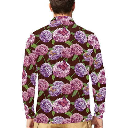 Hydrangea Pattern Print Design HD08 Long Sleeve Polo Shirt For Men's