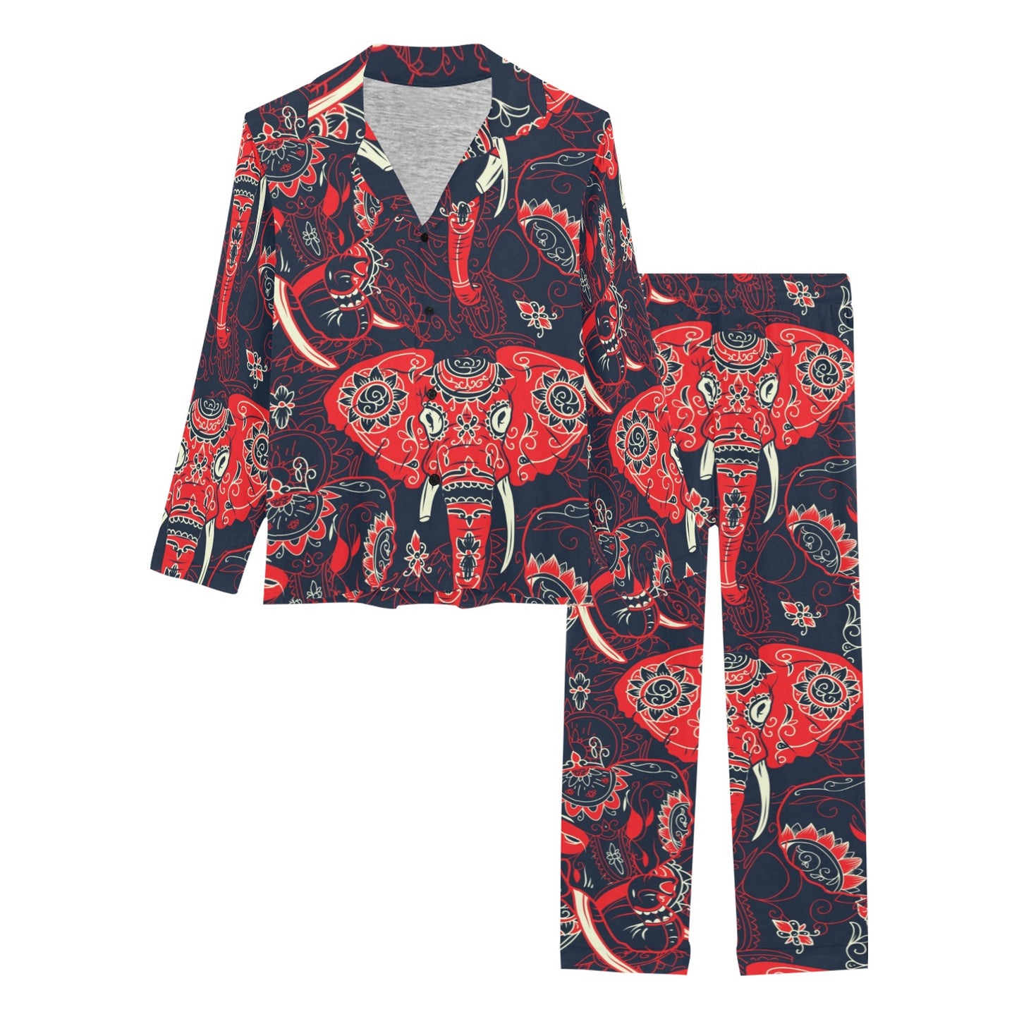 Red Indian Elephant Pattern Women's Long Pajama Set