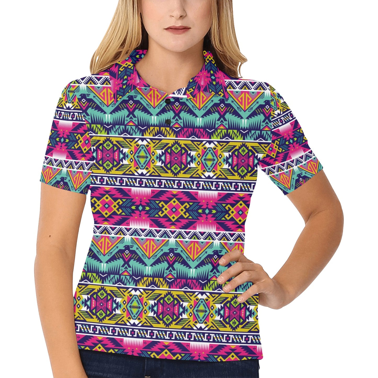 Indian Navajo Color Themed Design Print Women's Polo Shirt