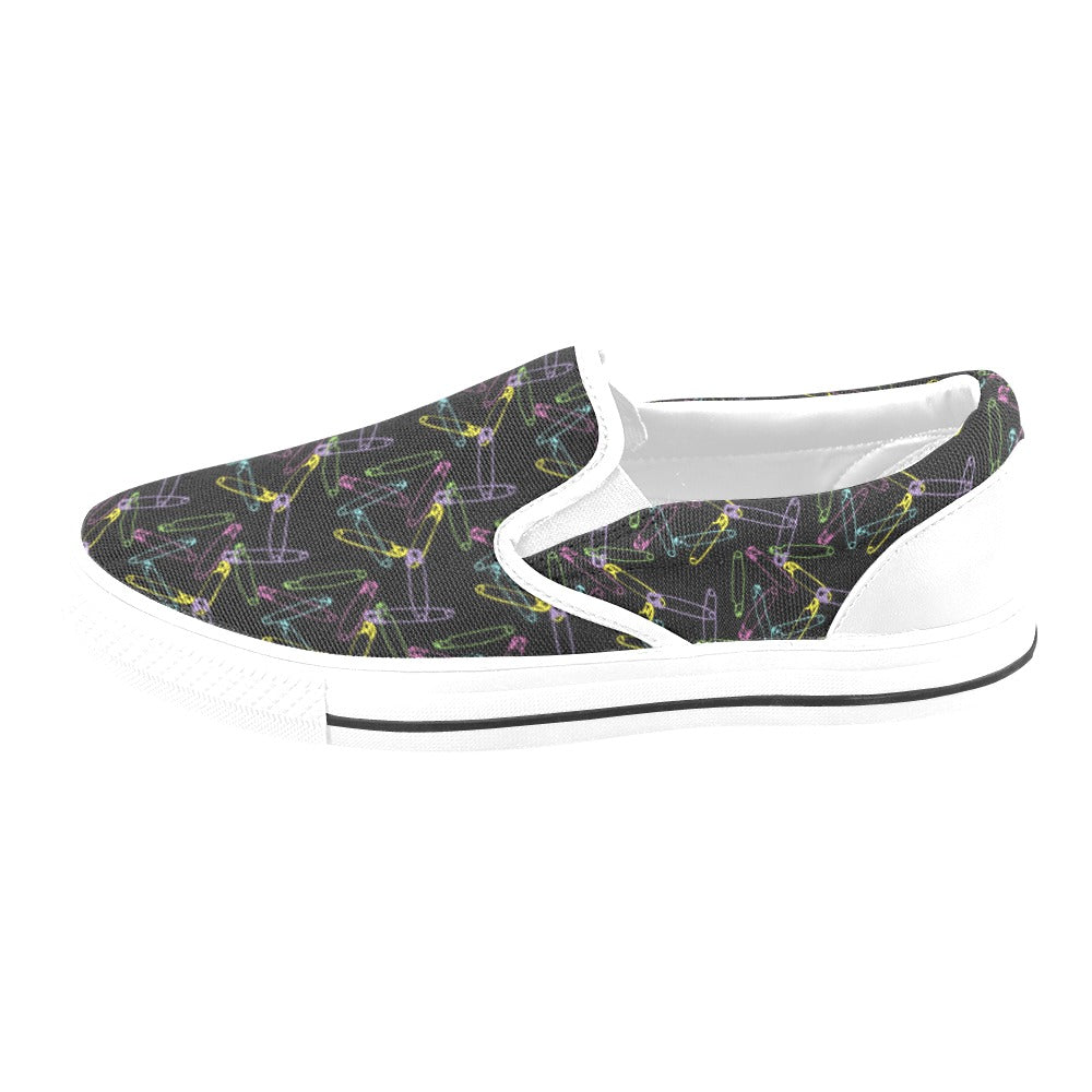 Safety Pin Print Design LKS304 White Slip Ons Canvas Women's Shoes