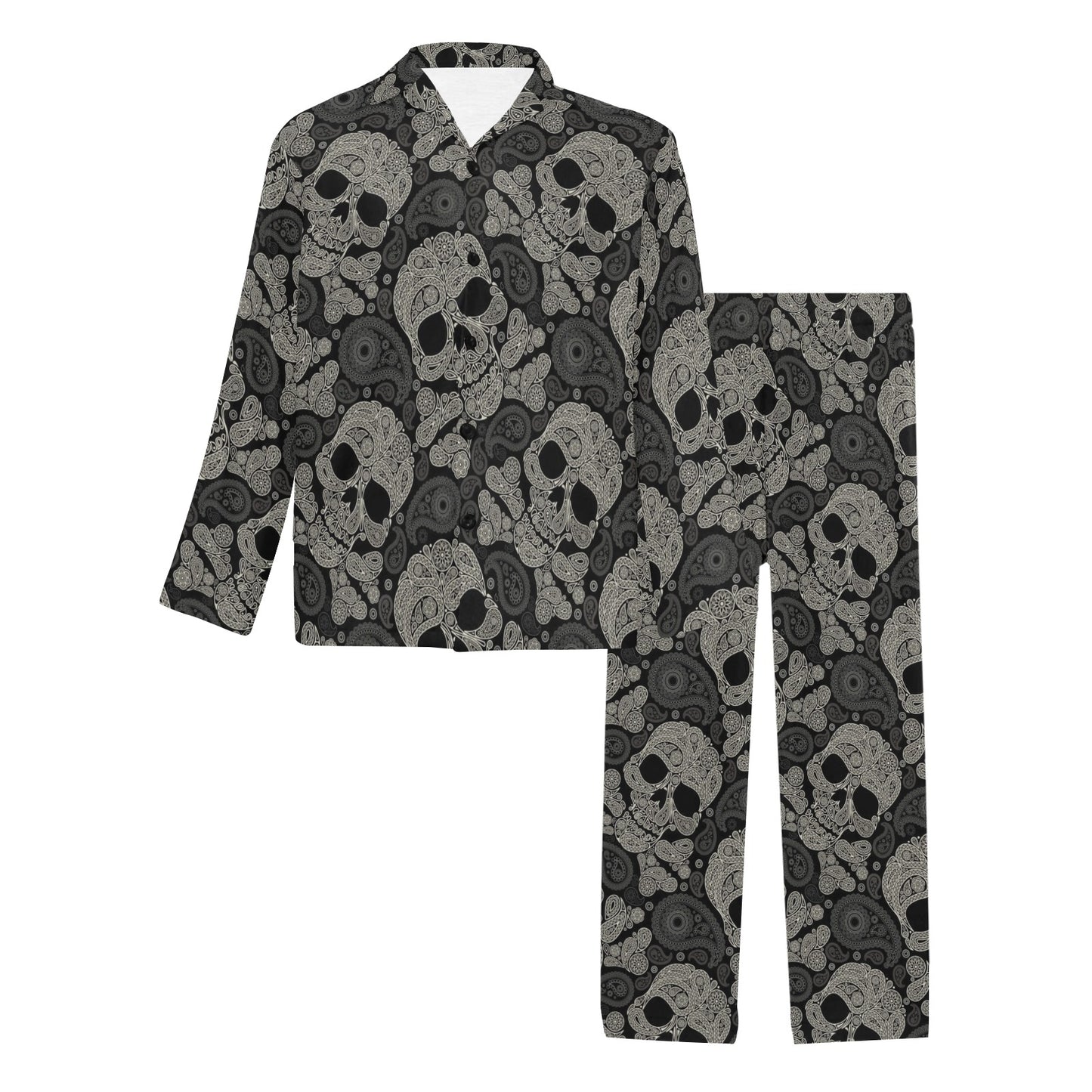 Paisley Skull Pattern Print Design A01 Men's Long Pajama Set