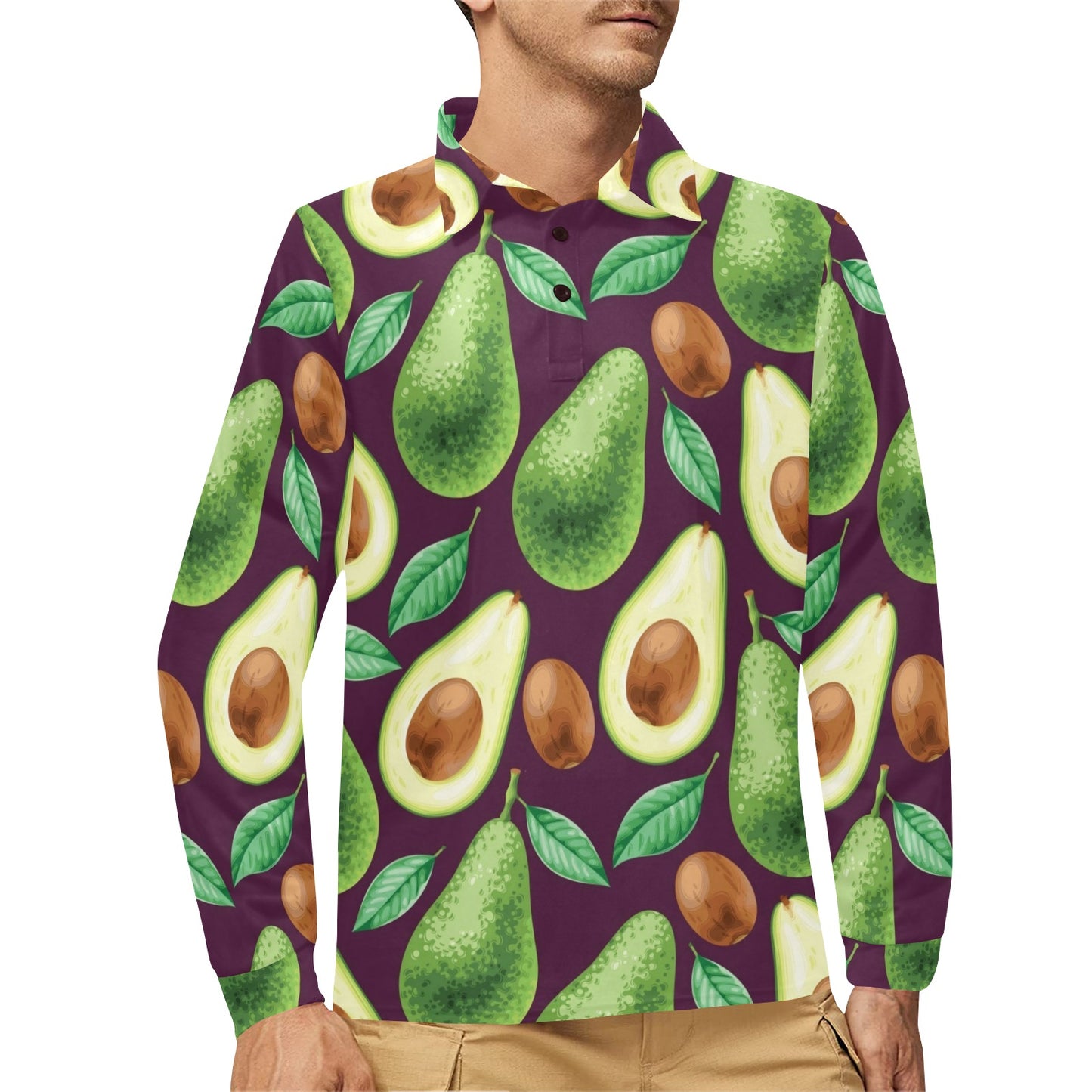 Avocado Pattern Print Design AC08 Long Sleeve Polo Shirt For Men's