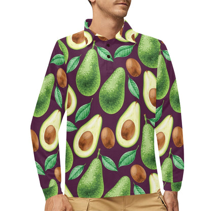 Avocado Pattern Print Design AC08 Long Sleeve Polo Shirt For Men's