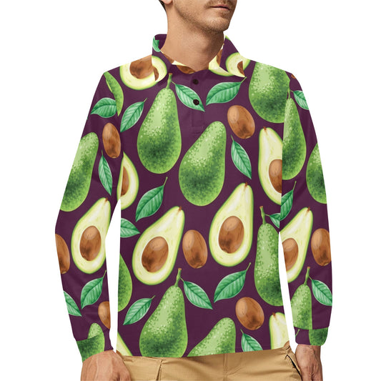 Avocado Pattern Print Design AC08 Long Sleeve Polo Shirt For Men's