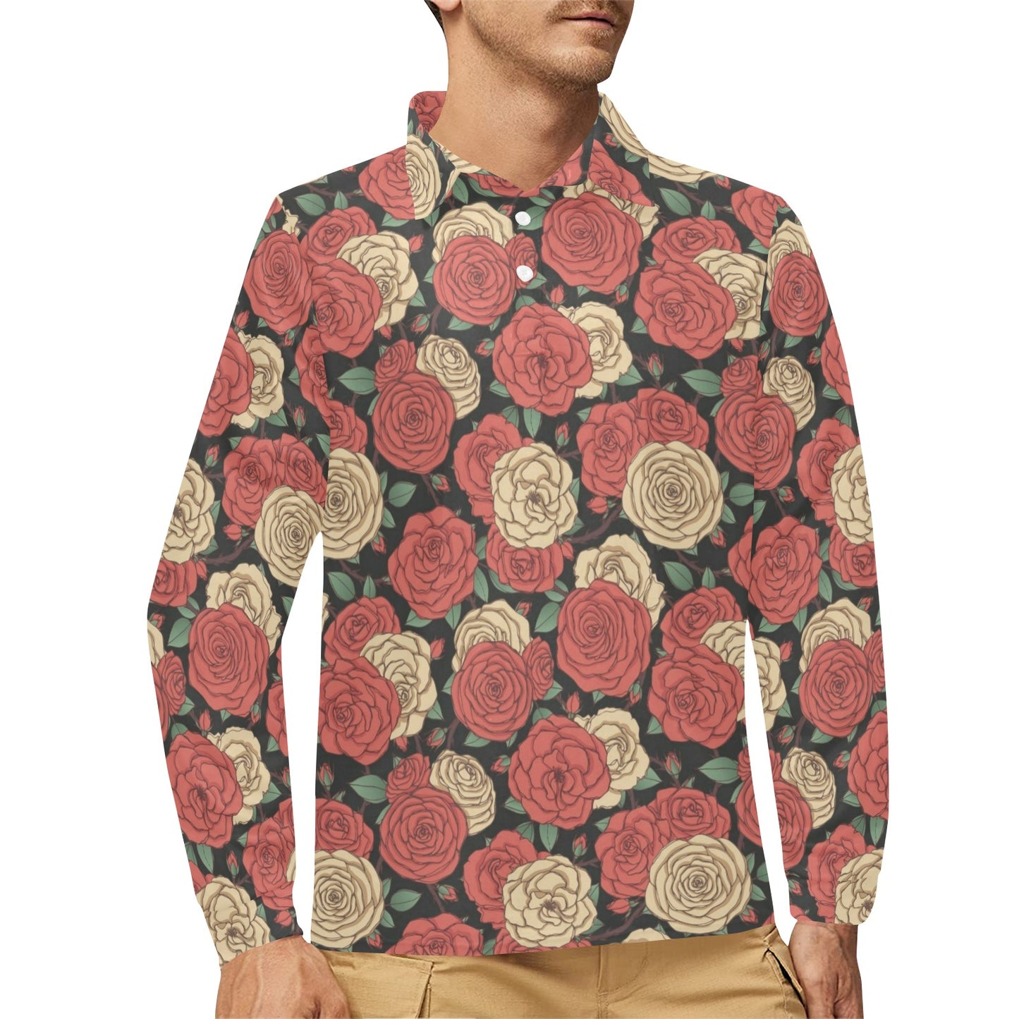 Camellia Pattern Print Design CM01 Long Sleeve Polo Shirt For Men's