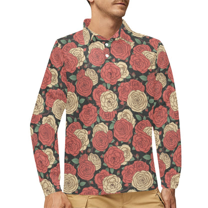 Camellia Pattern Print Design CM01 Long Sleeve Polo Shirt For Men's