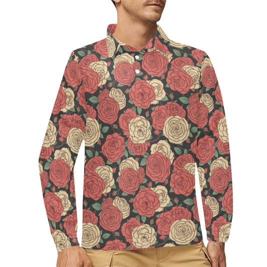 Camellia Pattern Print Design CM01 Long Sleeve Polo Shirt For Men's
