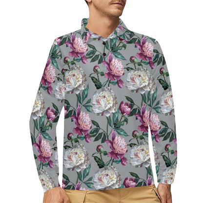 Peony Pattern Print Design PE01 Long Sleeve Polo Shirt For Men's