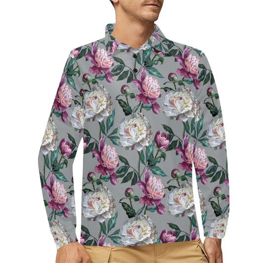 Peony Pattern Print Design PE01 Long Sleeve Polo Shirt For Men's