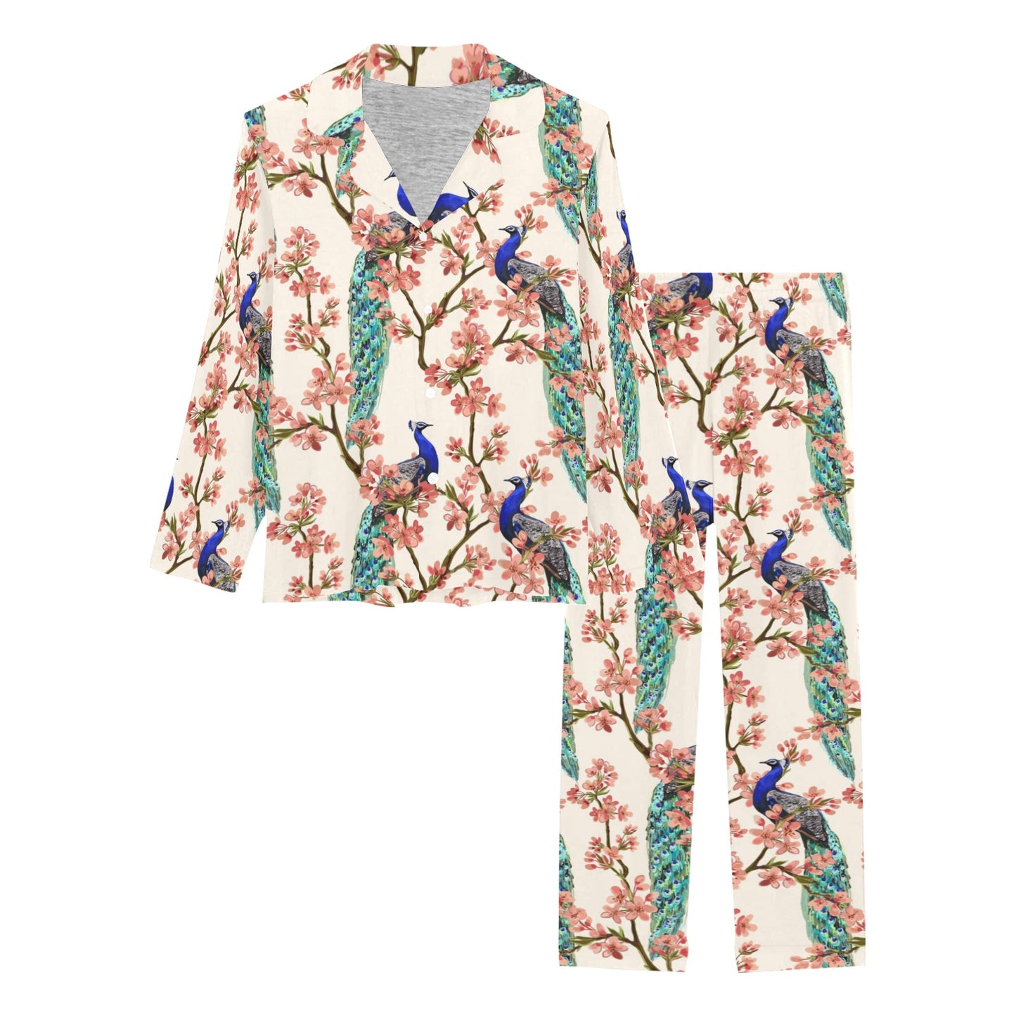 Cherry Blossom Peacock Women's Long Pajama Set