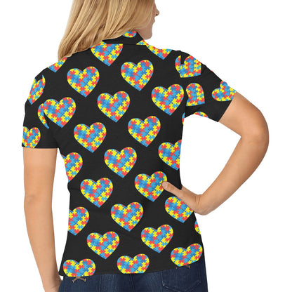 Autism Awareness Heart Design Print Women's Polo Shirt
