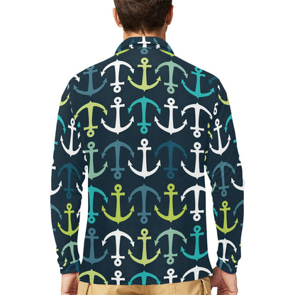 Anchor Pattern Print Design 03 Long Sleeve Polo Shirt For Men's